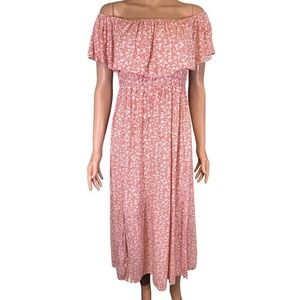 Coolmee Pink Floral Off The Shoulder Smocked Waist Midi Dress Side Slit Size M